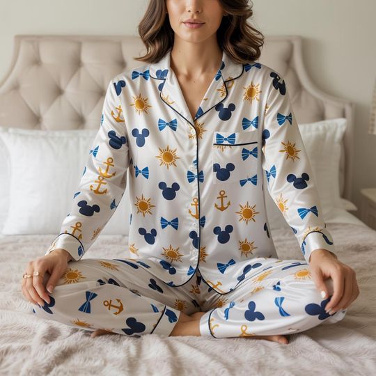 Mickey Cruise Satin Pajamas Set, Summer Cruise Pajama Set, Disney Lovers Loungewear, Disney Cruise Satin Pajamas Set, Family Matching Pyjama