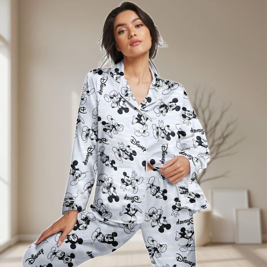 Retro Mickey Long Satin Pajamas Set, Mickey Mouse Women Pajamas, Disneyland Sleepwear, Bridesmaid Matching Pjs, Funny Cartoon Gifts