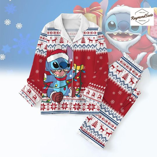Discover Disney Stitch Thick PJs Long Set, Xmas Stitch Long Pajama, Disney Button Shirt & Pants, Christmas Disney PJs, Disney Sleepwear, Xmas Gift