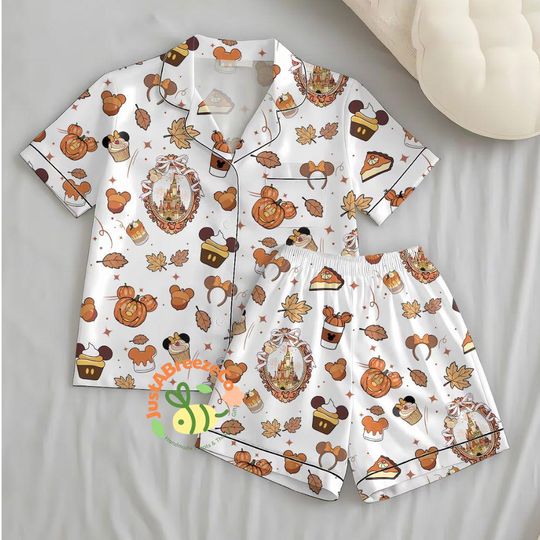 Discover Fall WDW Cartoon Short Pajamas Set, MK Mn Pumpkin Mouse Sleepwear, Autumn Pattern Nightwear, Fall Gift, Magic Kingdom Homeswear