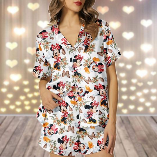 Discover Minnie Mouse Pajamas Set, Flowers Summer Women Pajamas, Disney World Pajamas, Mickey Minnie Love Pjs, Bridal Shower Party Gifts