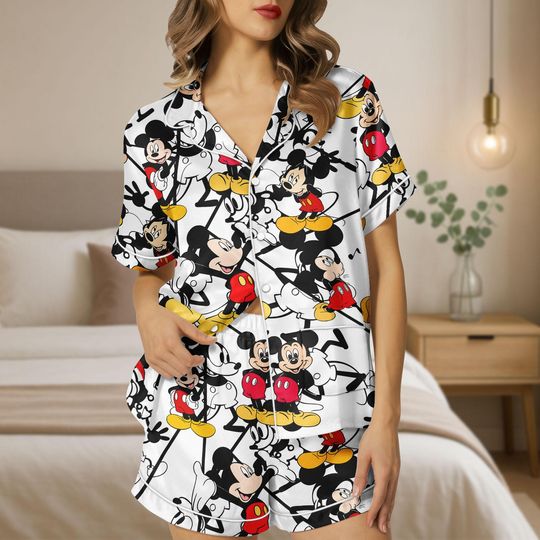 Discover Mickey Mouse Satin Pajamas, Disney Satin Pajama Shorts, Cartoon Sleepwear, Disney Lounge Set, Disney Mickey Satin Pjs for Adults