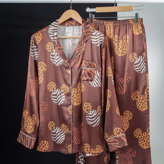 Mickey Mouse Head Ears Leopard Safari Mode Satin Pajamas Set, Animal Kingdom Pajamas, Disneyland Family Matching Pjs, Magic Kingdom Pajamas