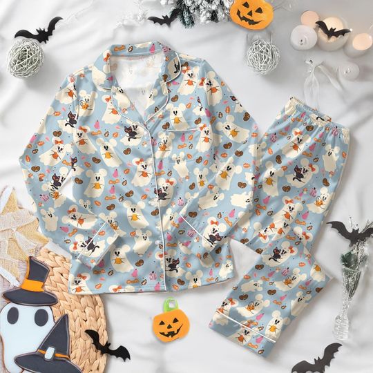 Disney Halloween Pajamas Set, Mickey Ghost Pajamas, Disney Pumpkin Satin PJs, Spooky Matching Sleepwear for Women, Fall Holiday Loungewear