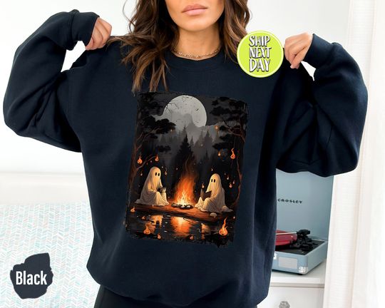 Discover Ghost Book Reading Sweatshirt, Retro Camping & Halloween Design