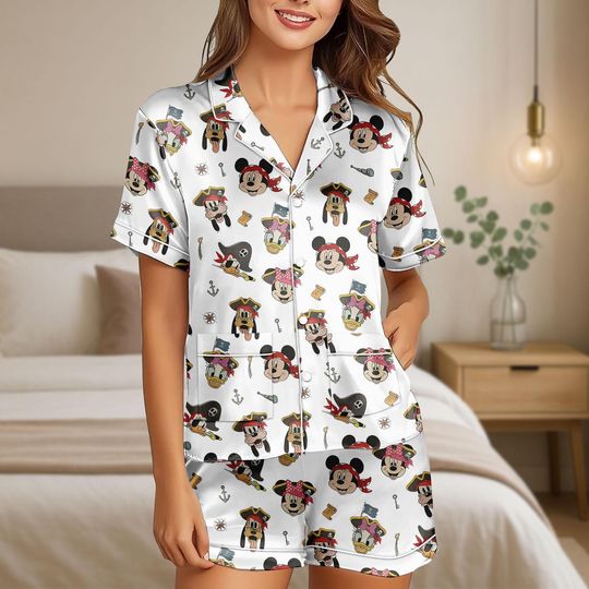 Mickey and Friends Pirate Satin Pajama Set, Disney Pirate Minnie Goofy Daisy Pjs, Satin Lounge Shorts for Women, Disney Pirate Gift