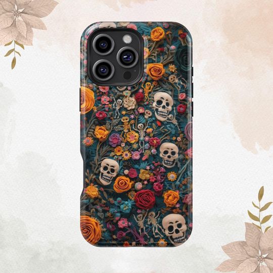 Discover Embroidered Halloween Vintage Skeletons in Bloom Floral For iPhone 16 15 14 13 12 11 8 Plus Pro Max Tough MagSafe Galaxy S25 S24 Ultra Cover