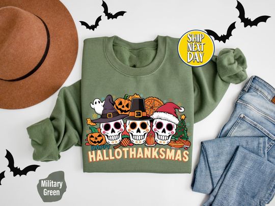 Discover Happy Hallothanksmas Skull Sweatshirt - Skeleton Christmas Halloween Seasonal