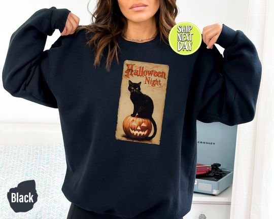 Discover Vintage Halloween Black Cat Sweatshirt with Jack O' Lantern