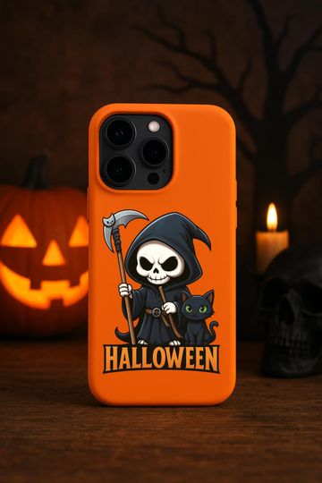 Cute Grim Reaper Black Cat Halloween iPhone Case | Durable Spooky Chibi Design Cover for iPhone 16 Pro Max to 12 | 2025 Fall Accessory