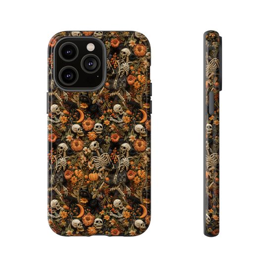 Discover Phone Case Vintage Embroidered Skeleton Floral Phone Case for iPhone & Samsung - Halloween Cottagecore Charm