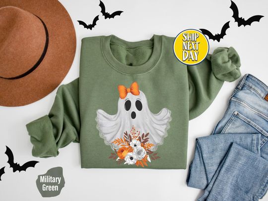 Halloween Lace Ghost Sweatshirt with Orange Bow, Cute Girly Sweatshirt