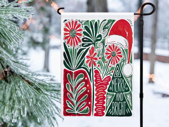 Boho Christmas Garden Flag, Outdoor Holiday Decor, Merry and Bright Porch Decoration