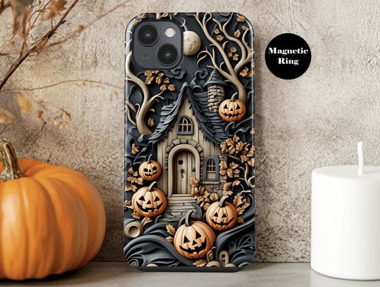 Halloween Haunted House MagSafe Phone Case  3D Pumpkins & Spooky Tree Design for iPhone 14 15 16 Pro Max  Gothic Autumn Scene ps102