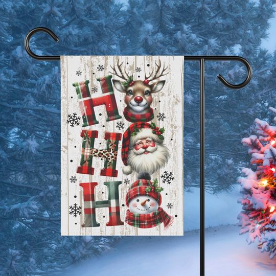 Discover HO HO HO Christmas Garden Flag with Santa, Snowman, and Reindeer
