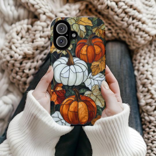 Discover Pumpkins & Gourds Autumn Stained Glass Faux Mosaic Fall Tough Case for Phone, Halloween Cover, Samsung 24 25 iPhone 15 16 14 Pro Max, Orange
