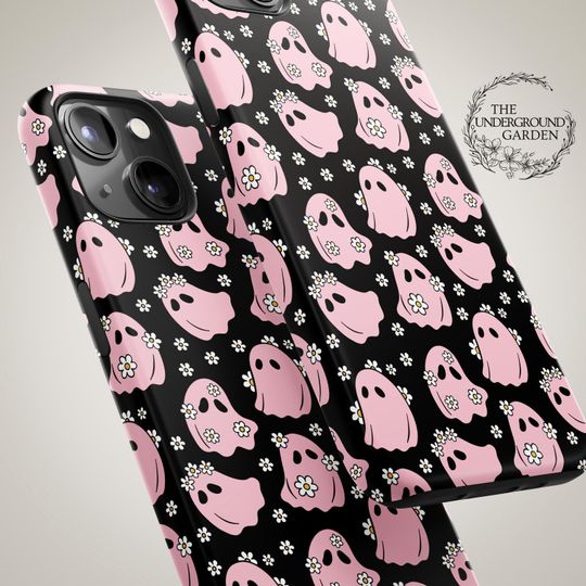 Discover Cute Pink Ghost Halloween Phone Case for iPhone 16 MagSafe, 15 Plus, 14 Pro Max, 13 Mini, Samsung Galaxy S25 Ultra, S24 Pro, S23, S22 & More