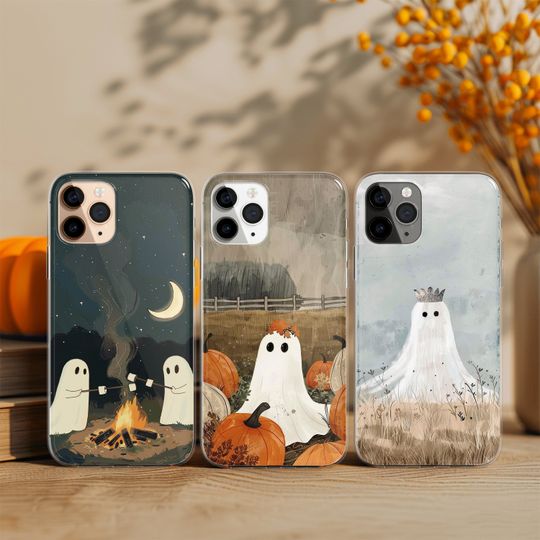 Discover Spooky Halloween Phone Case With Ghost, Marshmallows and Pumpkins Cover for iPhone 17 16 15 14 13 Pro Max Plus, Samsung Galaxy S25 S24 Ultra
