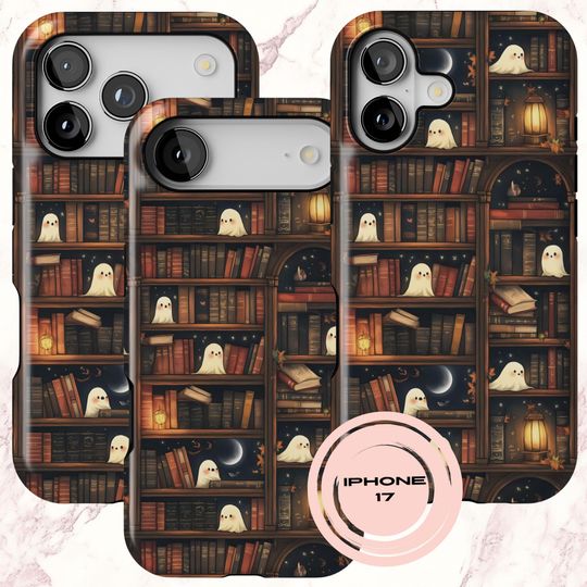 Discover Spooky Ghosts Library Phone Case, Book Lover Halloween Phone Cover for Samsung, iPhone 13 14 15 Plus Pro Max MagSafe Compatible Option