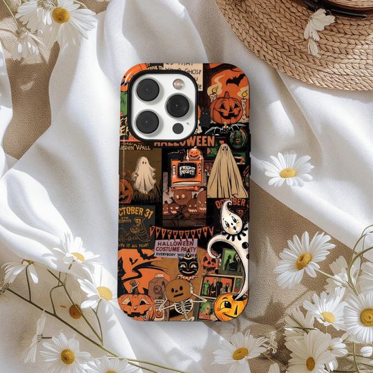 Retro Scary Halloween Phone Case Vintage Style Collage, Ghostface And  Pumpkin Art,  iPhone 17 16 15 14 13 12, Samsung S25 S24 S23 S22