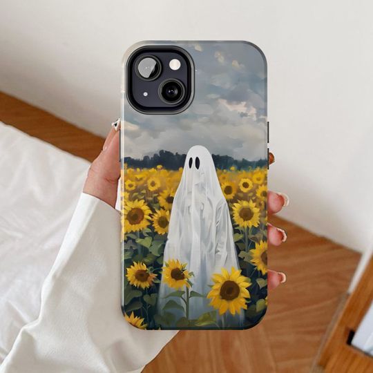 Discover Ghost in a sunflower garden phone case, Cute ghosts iPhone cases, Floral Halloween design, Flower botanical art, Sunflowers horror theme
