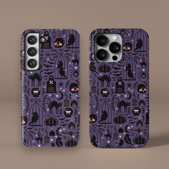 Discover Spooky Purple Orange Halloween MagSafe Phone Case, iPhone 15 14 13 12 11 X 8 Pro Max, Bats Cover Samsung Galaxy S24 S23 S22 S21 FE Pixel 7 6
