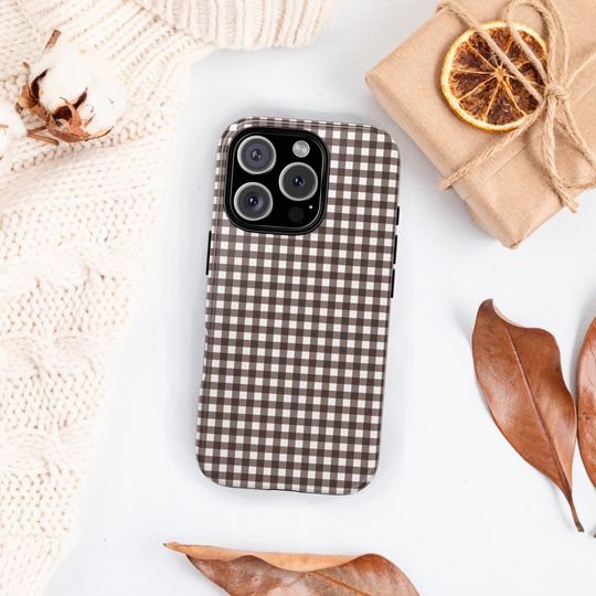 Discover Gingham Phone Collage Case Cover for iPhone 16 Pro Max | Cute Espresso Brown Fall iPhone 16 Plus Case Cover | Google Pixel 9 Case iPhone 15