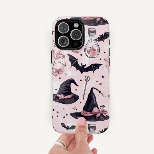 Discover Pink Witchy Halloween Phone Case: Gothic Bats, Potions - iPhone, Samsung, Pixel
