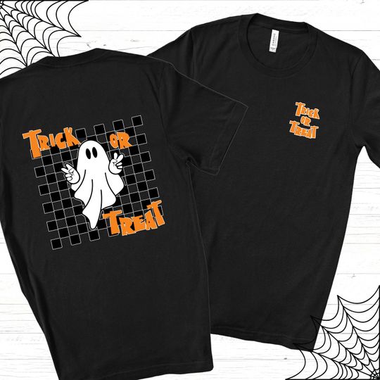 Discover Trick or Treat with Checkered Ghost Tee , Ghost Shirt , Front and Back Halloween Tee, Double-Sided Halloween Shirt , Halloween Gift