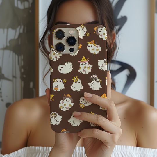 Discover Cute Halloween Phone Case, Ghosts & Flowers, Brown Cover,  iPhone 15 14 13 12 11 Pro Max 8 Plus X, Samsung Galaxy S24 S23 S22 S21