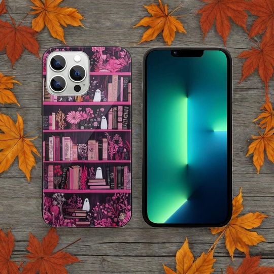 Discover Pink Ghost Bookshelf Phone Case: Halloween Art Phone Cover