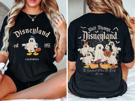 Discover Retro Two-Sided Walt Disney's Disneyland Est. 1955 Halloween Shirt, Mickey and Friends Ghost Shirt, Mickey's Not So Scary Shirt