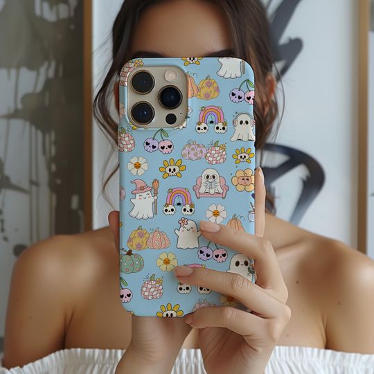 Discover Pastel Halloween Phone Case, Cute Ghost iPhone Case, Pastel Skull Pumpkin Cover, Samsung Pixel Case, Soft Spooky Aesthetic Gift