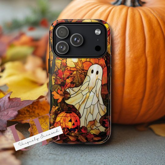 Discover Fall Phone Case, Stained Glass Ghost and Pumpkin, Cute and Spooky iPhone 13 14 15 16e Plus Pro Max, S23 S24 FE S25 Plus Ultra, Pixel 7 8 9a