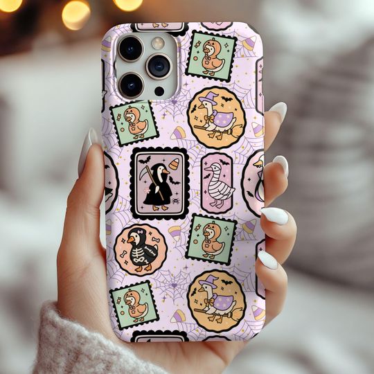 Discover Pastel Halloween Goose iPhone Case: Spooky Witch & Skeleton Ducks