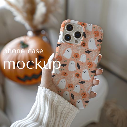 Discover Halloween iPhone 15 Case Mockup: Woman Holding Phone (PSD, JPG, PDF), Tough phone cover Mock up for autumn, Photoshop template