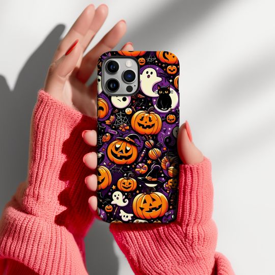 Discover Halloween Vintage Cute Pumpkin Phone Case, Ghost Phone Cover for iPhone 17 16 15 14 13 12 11 Pro Max, Gift For Halloween Lover