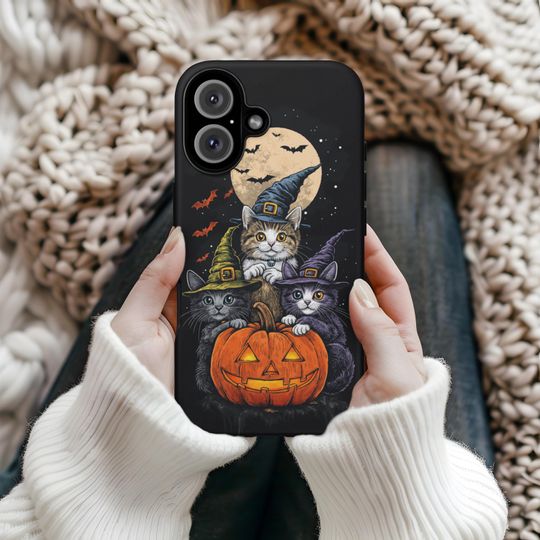 Cute Witch Cats Trick-or-Treat Jack O Lantern Ghost & Pumpkins Witches Halloween iPhone Case, Spooky Phone Cover, Halloween