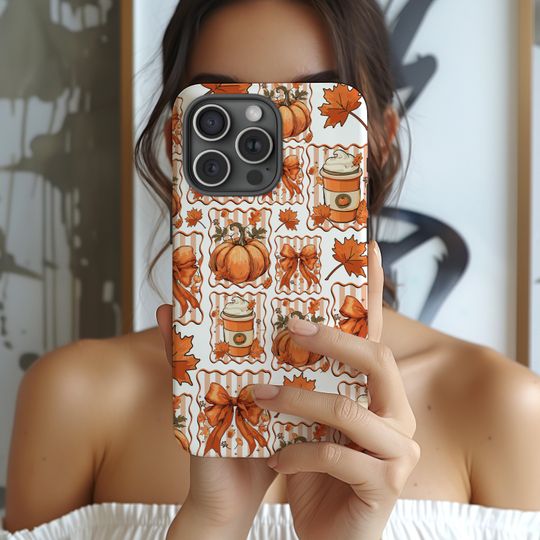 Pumpkin Spice Fall Phone Case, Cozy Autumn Aesthetic With Pumpkins And Leaves Cute Pumkin Halloween iPhone 16 15 14 Pro Max, Samsung S25,S24