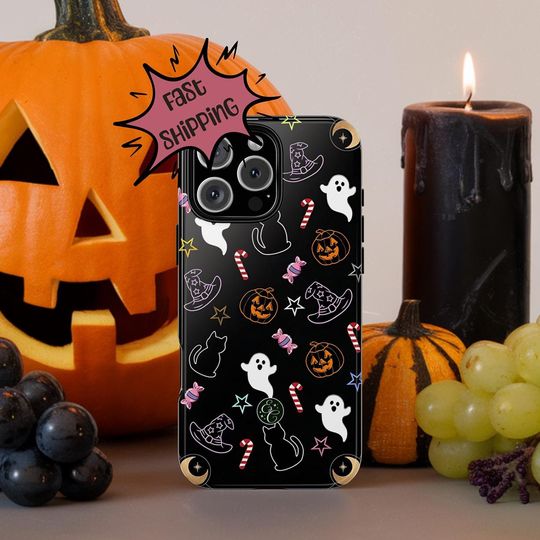 Discover Halloween Ghost Cat Pumpkin Witch Hat Candy Phone Case, Spooky Cute Cat Ghost Pattern Protective Cover, Halloween Themed Phone Case