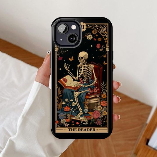 The Reader Tarot Card Phone Case, Goth Skeleton iPhone Case, Aesthetic Halloween Samsung galaxy, Spooky season, Skull gothic google pixel