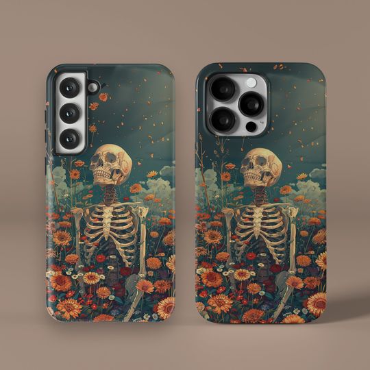 Discover Flowers Skeletons Gothic Love MagSafe Phone Case iPhone 15 14 13 12 11 X Pro Max, Boho Skull Vintage Aesthetic Samsung Galaxy S24 S23 S22 FE
