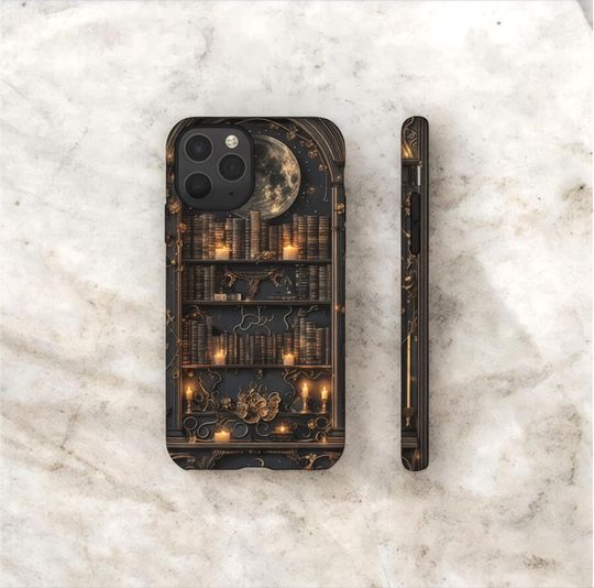 Discover Gothic Bookshelf Phone Case Dark Academia Literary iPhone Samsung Cover with Moon & Candles