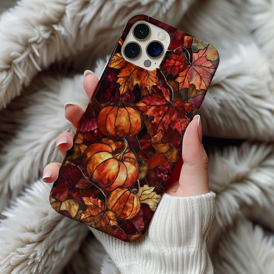 Discover Stained Glass Pumpkin Autumn Leafs Phone Case Fall Halloween Dark Red Burgundy Artful Vintage Case Gift Iphone 13 14 15 16 Casing Tough Case