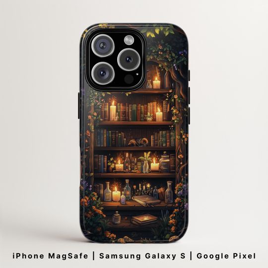 Bookshelf Phone Case MagSafe | Book Lover Cover | iPhone 16, Google Pixel 9 & Samsung Galaxy S25 | Witchy Dark Academia Aesthetic