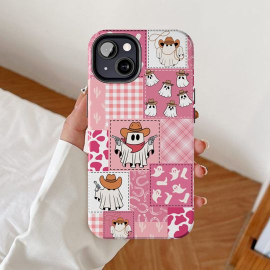 Discover Ghost cowboy patchwork phone case, Halloween western iPhone cases, Ghosts cowgirl Samsung galaxy, Spooky pink google pixel, Fall autumn