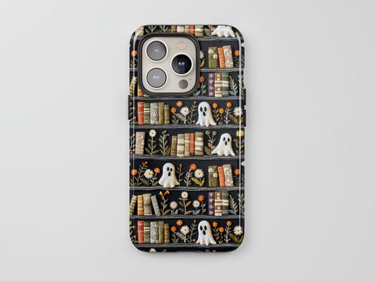 Discover Bookish Ghosts Phone Case: Spooky Faux Embroidery, Halloween iPhone 17 MagSafe, Samsung, Pixel