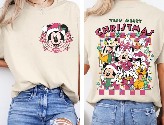 Discover Personalized Mickey & Friend Pink Christmas Checkered Shirt, Disney Christmas Tee, Cute Pink Christmas Tee, Disney Holiday Xmas Gift