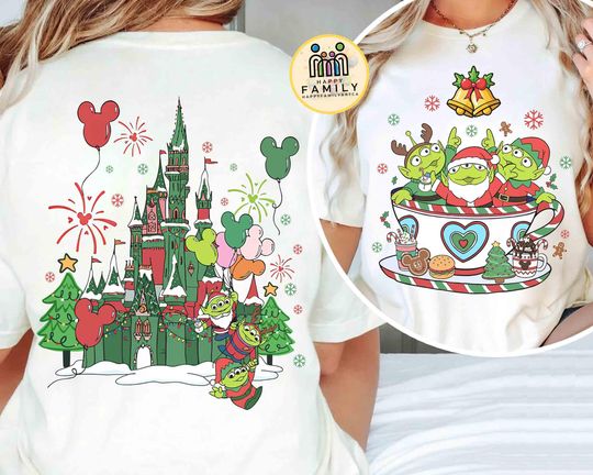 Discover Pizza Planet Christmas Shirt, Toy Story Aliens Coffee Cup Tee, Mickey's Very Merry Christmas Party Tee, Disneyland Family 2025 Gifts