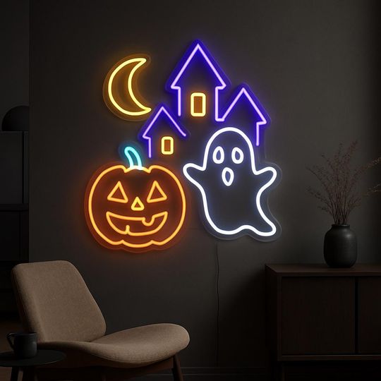 Discover Halloween Neon Sign  Pumpkin, Ghost & Haunted Castle Neon Light for Spooky Party or Home Decor